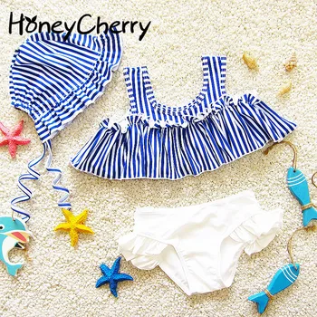 

Korean Version Of Swimsuit The New Hot Spring Navy Wind Girl Stripe Split Triangle Baby Sweetness Cute Student Swimsuit