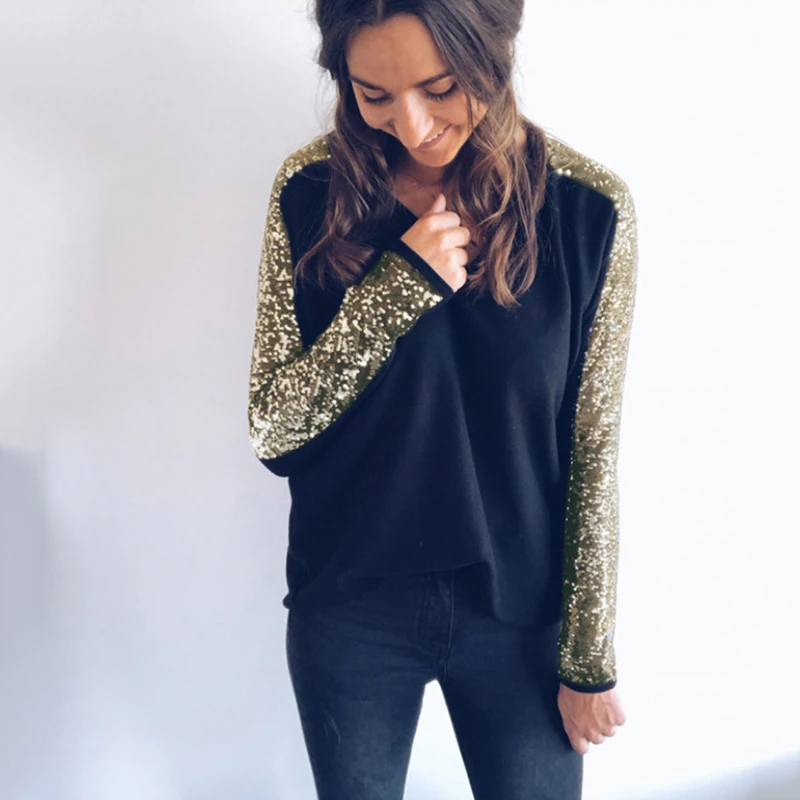 

Women Long Sleeve Fashion Top sequin track Striped Tee shirt femme Ladies Pullover Harajuku tumblr T shirt elegant v neck tshirt