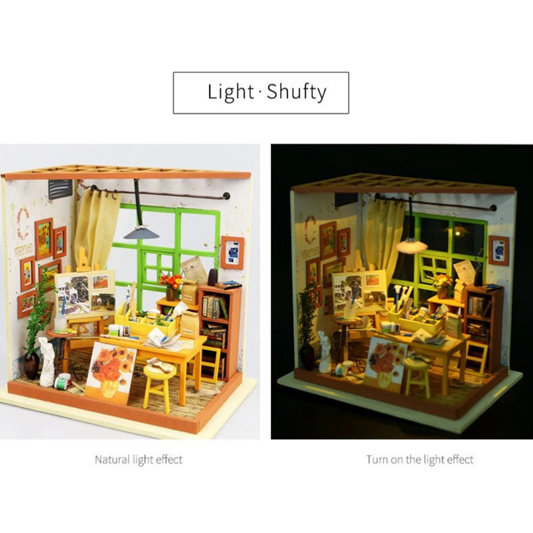 

Robotime Manual Assembly DIY Dollhouse Painting Studio with LED Light Stem Toys with MINI Furniture for Home Decor cafe offices