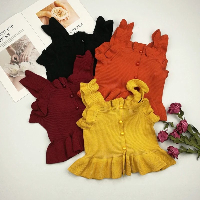 

Women Knitting Ruffles Cropped Tanks Tops Girls Knit Solid Sleeveless Chic Tee Shirts Camis crop Top for Female Summer FL1256