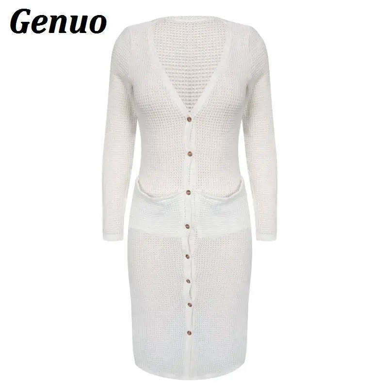 Winter Woman Sweater Cardigans Female Women Long Sweater Coat Knitting Long Sleeve Solid Button Pocket Long Coat Knitwear Genuo