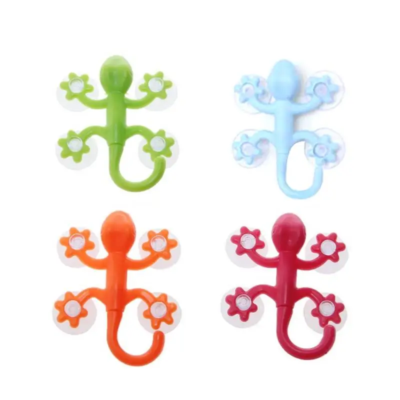 Wall Hook Suction Cup Hook Cartoon Gecko Hook With 4 Strong Suction Cup Key Towel Storage Kitchen Bathroom Organizer Accessories transparent strong non marking hook strong sticking hook kitchen storage tools bathroom hanger storage holder hanging stickers