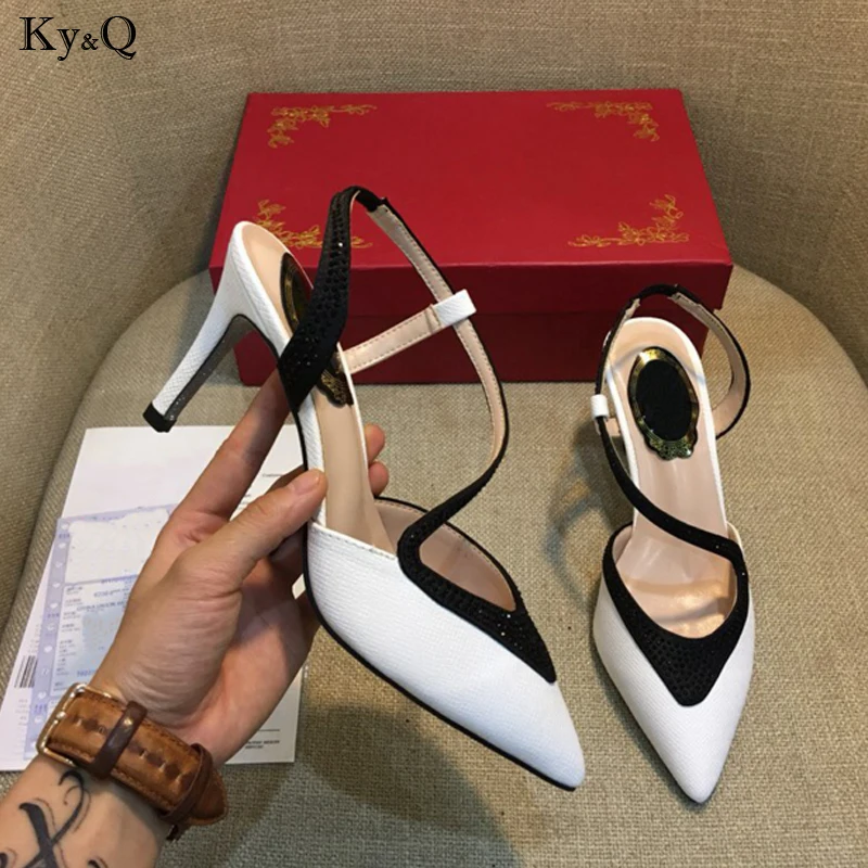 

2019 Summer New Ladies Fashion Color Matching Pointed Stiletto Rounded Shallow Mouth Baotou Casual Wild High Heel Sandals 5-8cm
