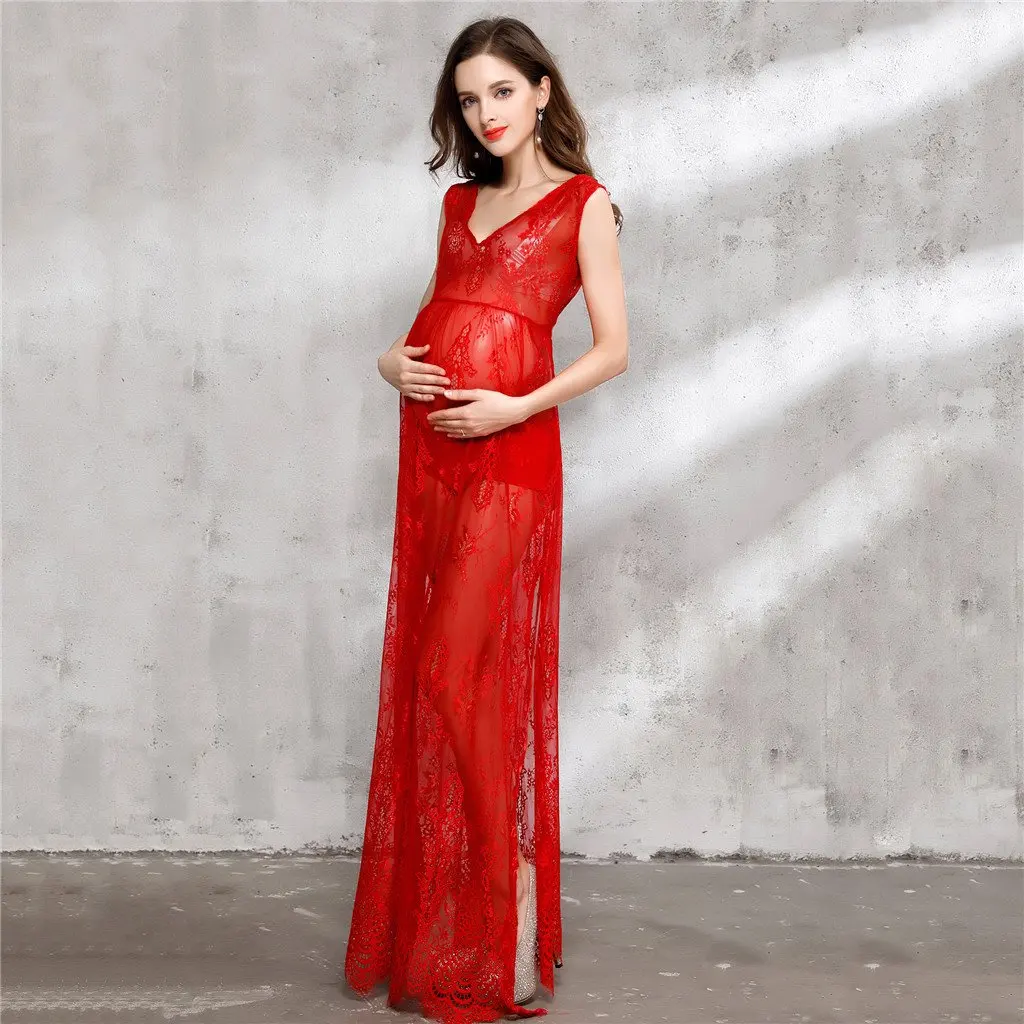 

Pregnant Woman Red Long Lace Pregnancy Dress Maternity Photography Props Maxi Maternity Dress Clothes for Photo Shoot