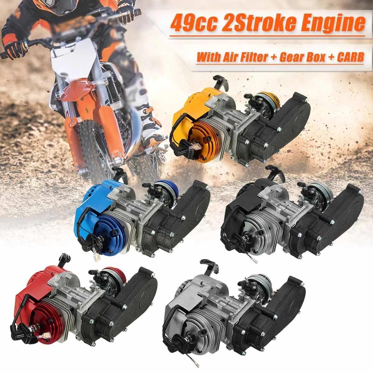 

2 Stroke Engine Motor w/ Transmission CarburetorAir Filter Gear Box 49CC Mini Dirt Bike ATV Quad Blue Yellow Black Red Sliver