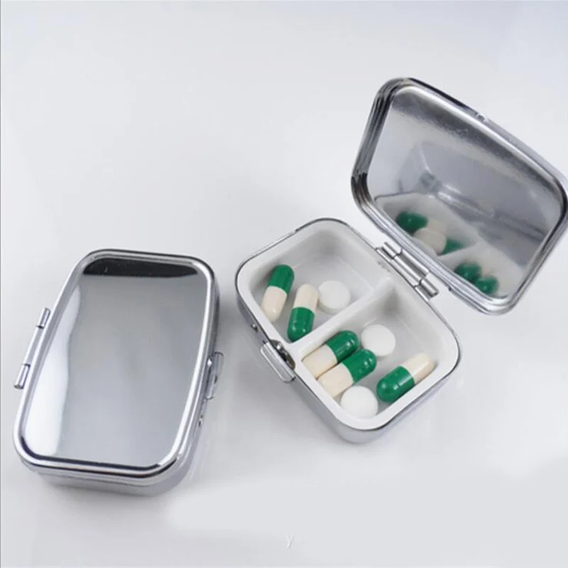 

Metal square Silver Pill Boxes Holder 2 Grids Medicine Case Small Portable Case Container Splitters Personal Health Care MR050