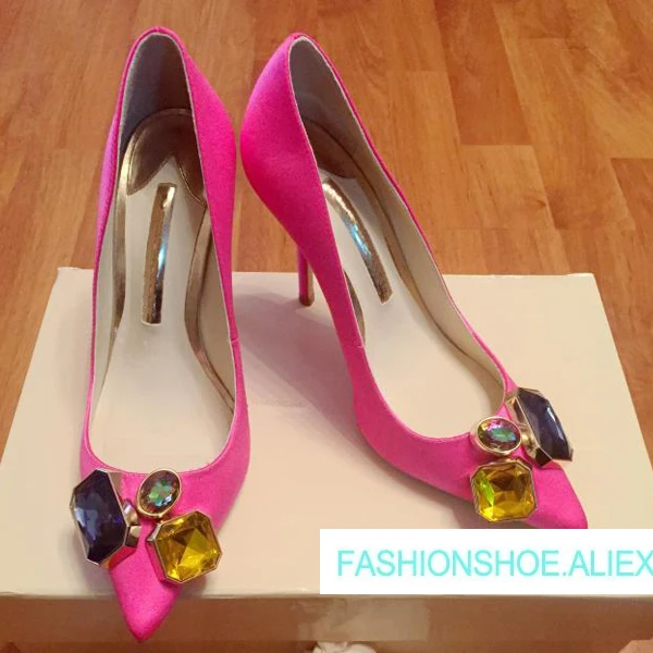 

Design Sweet Shoes Woman Spring Summer Shallow Silk Pumps Pointed Toe High Heels Crystal Decor Party Dress Pumps Plus Size