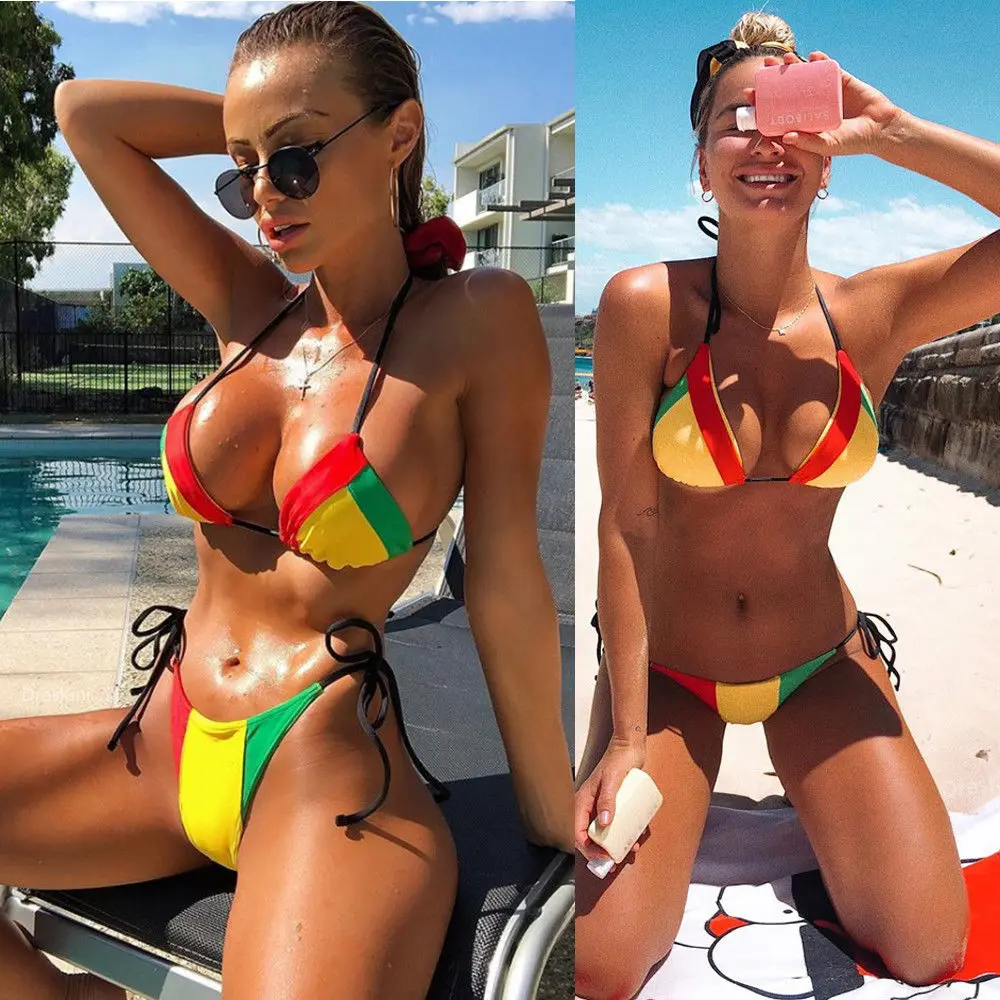 

2019 New Fashion Women Swimsuit Summer Sexy Bikini Set Striped Patchwork Push Up Padded Beach Bathing Swimwear