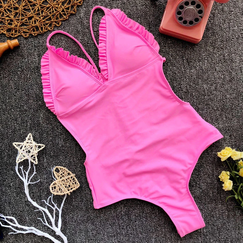 Pre-owned Offer for  Women One Piece Swimsuit Ruffle Bikini Push Up Padded Swimwear Solid Swimsuit Backless Swimwear Lad