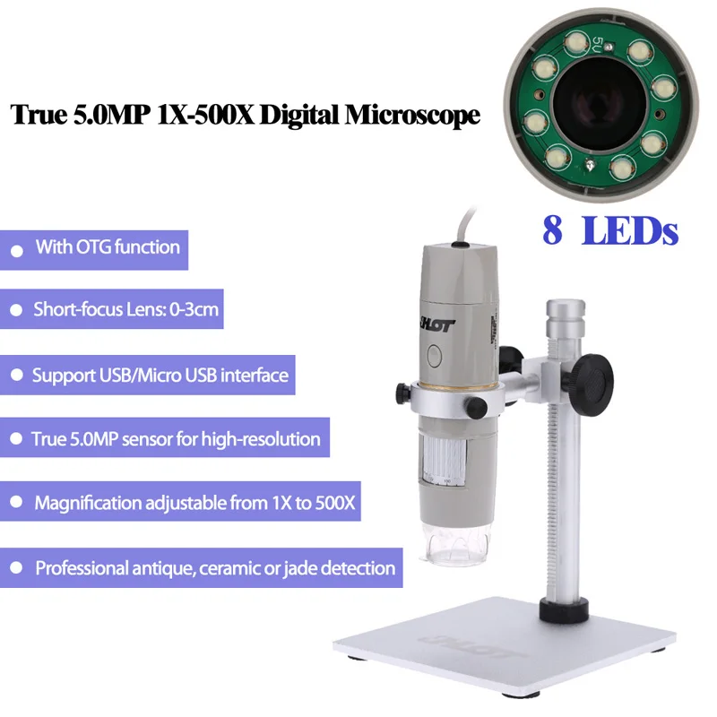 

New 8LED USB Digital Video Microscope Zoom Desktop Magnifier True 5.0MP Video Camera 1X-500X Magnification 0-3cm for focus