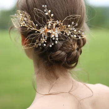 

Hollow Leaves Wedding Bridal Hair Accessories Vintage Hair Comb Headband Women Hair Ornaments Pearl Headpiece Crystal Tiara