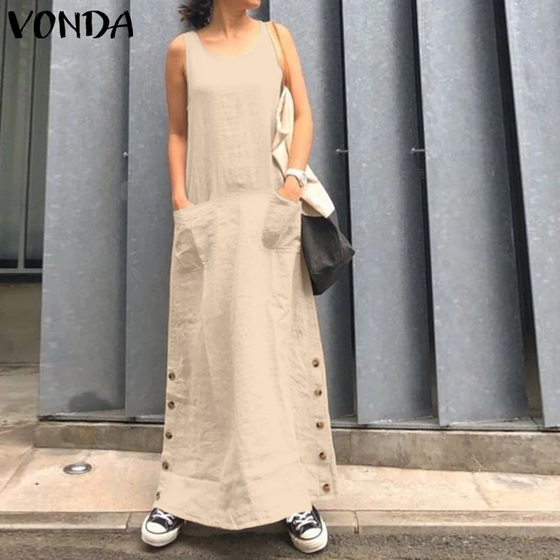 

VONDA S-5XL Summer Sleeveless Long Dress 2019 Women Sexy Pockets Button Solid Party Dress Casual Vestido Vintage Robe Femme