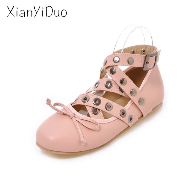 

Xianyiduo 2019 new spring Women's Shoes Flats Buckle Strap Rivet Metal Decoration large size 34-48 pink Butterfly-knot /DM109