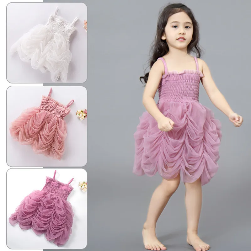 Cute Baby Girls Dress Tutu Bubble Party Dress Strapped Tulle Ball Gown Wedding Occasion Birthday Clothes Toddler Infant Dress