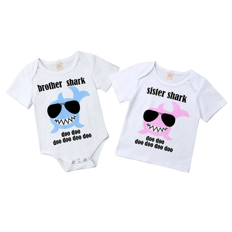 

Adorable Famliy Clothes Kid Baby Boys Girls Cotton Romper Shark Print Bodysuit T-shirt Outfits Brother Sister Matching Clothes
