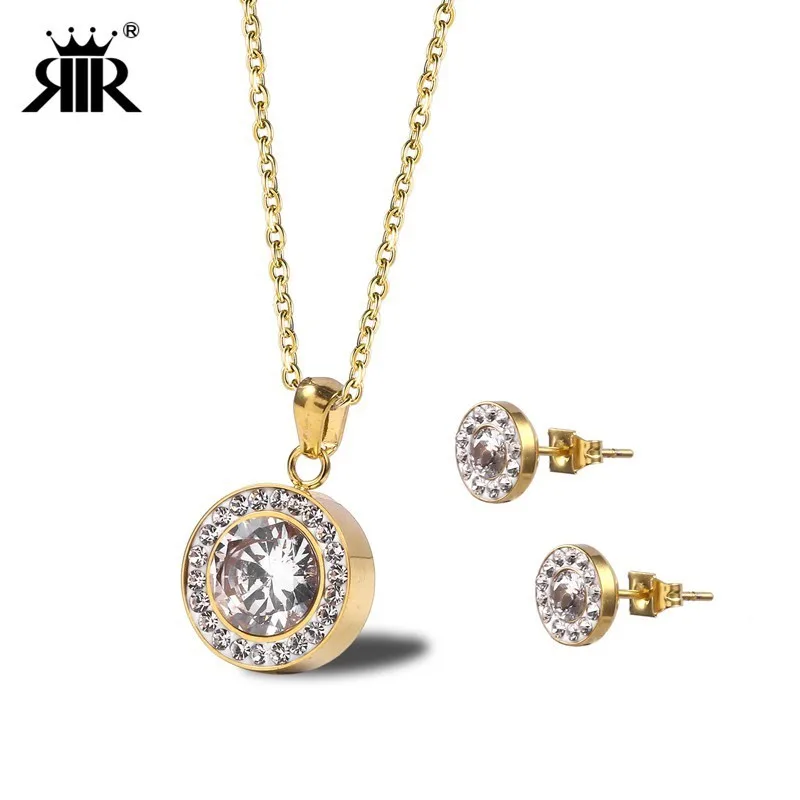 RIR изящные круглые с белым кристаллом ожерелье и серьги-гвоздики серебро золото нержавеющая сталь минималистичные женские круглые ювелирные наборы