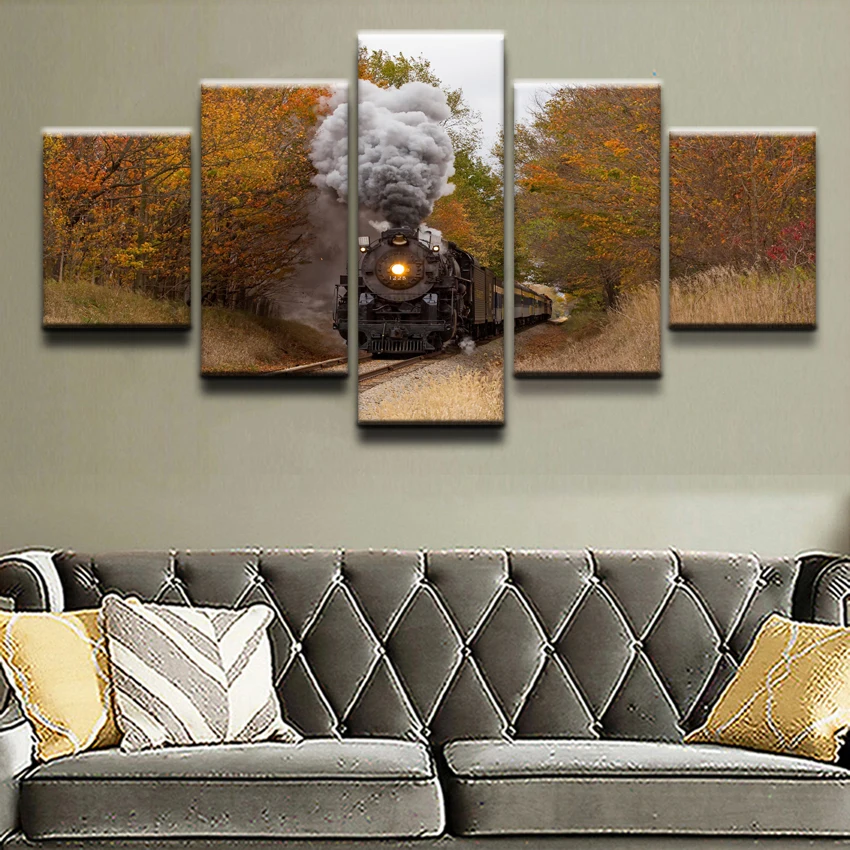 

5 Panel Canvas Printed Fall Railways Train Poster Home Decor For Living Room Modular Picture Wall Art Painting Modern Artwork