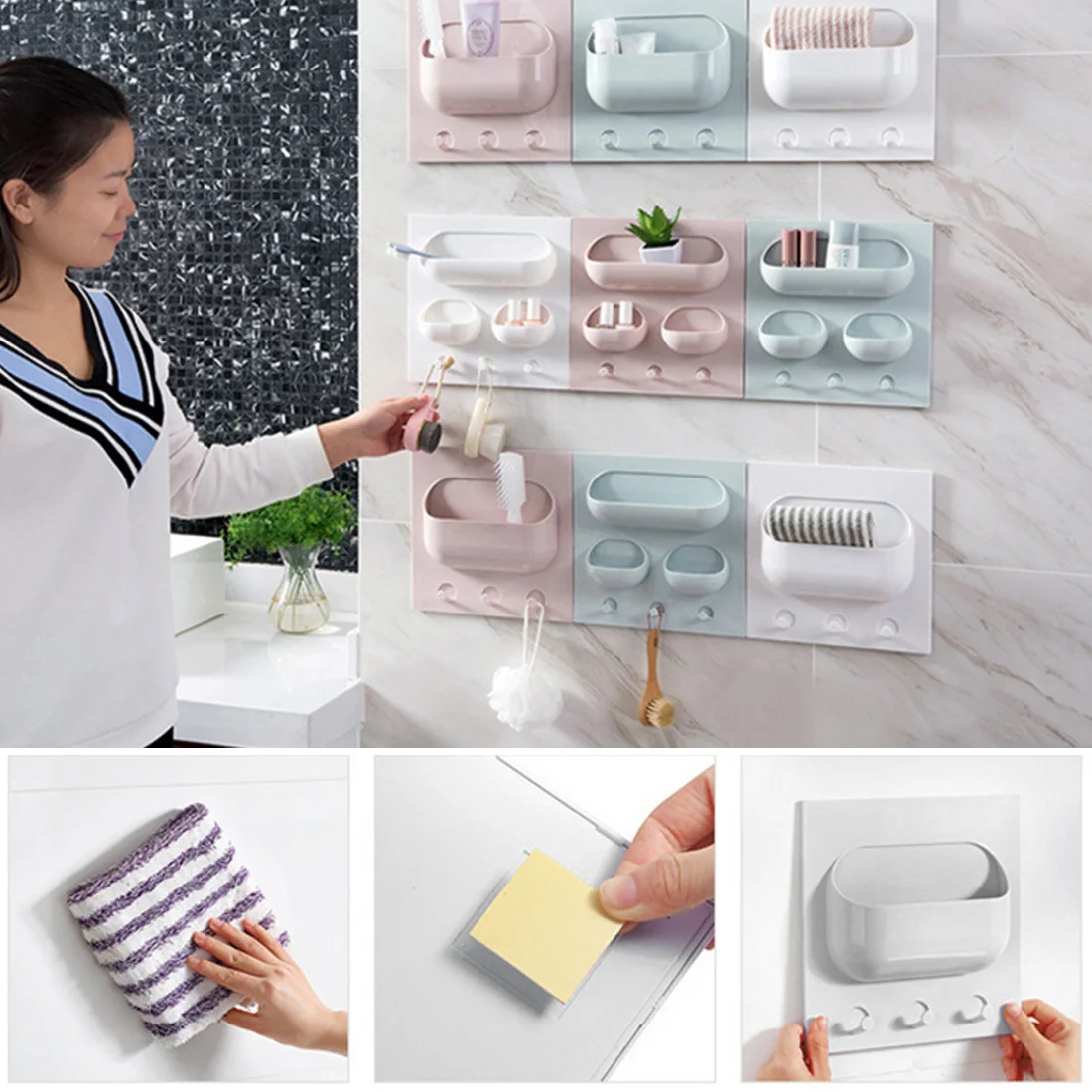 

HIPSTEEN Single/Three Hole Adhesive Paste Wall-mounted Shelf Organizer Bathroom Storage Basket Wall Racks With Hook - White