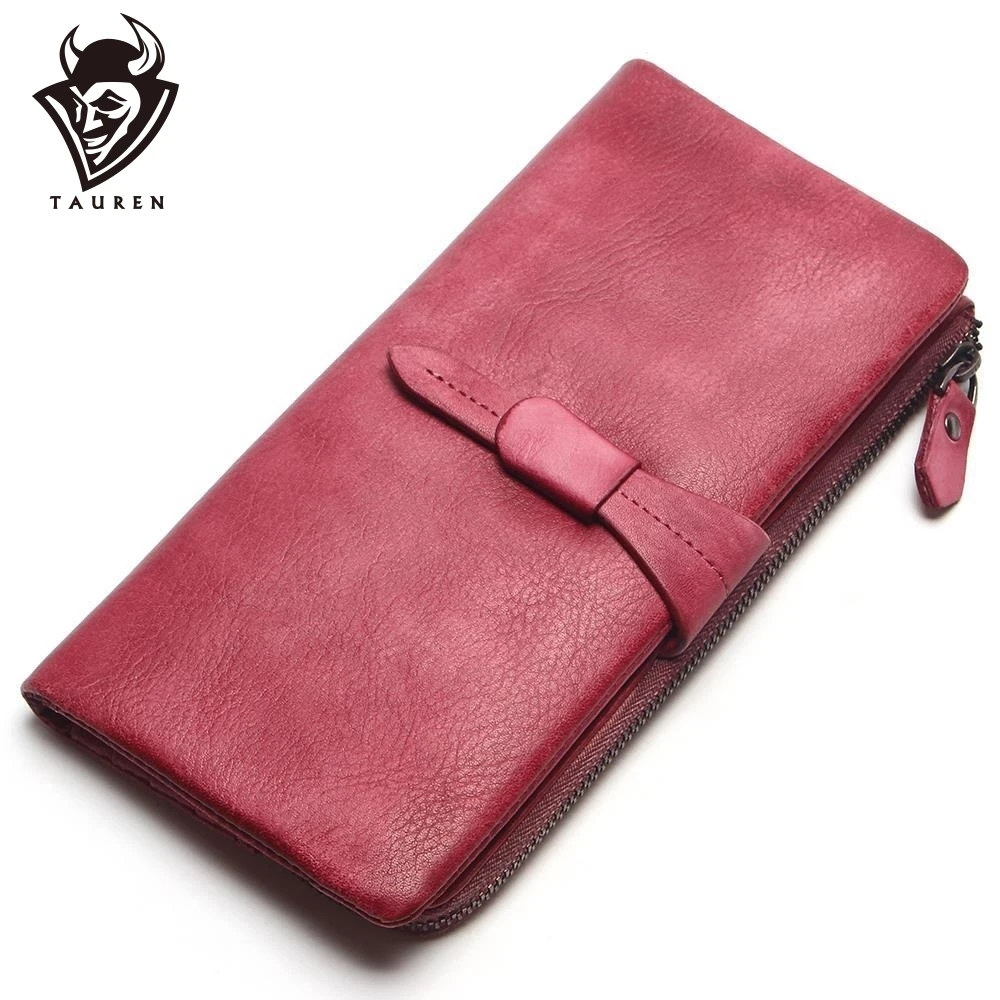 

TAUREN Wallet New Vintage Solid Color Wallet Women Genuine Leather Wallet Brand Women Purse Long Purse Coin Purse Money Bag