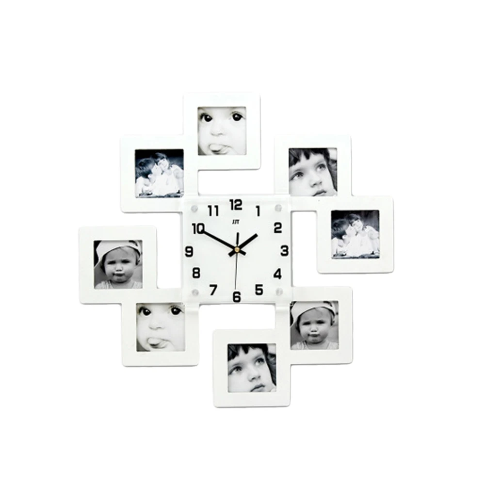 

Creative Wooden Wall Clock with 8 Photo Frames Decorative Silent Hanging Clocks without Battery (White)