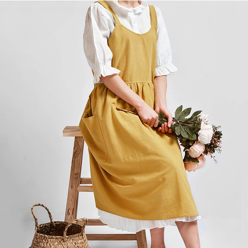 

Women's Cotton Linen Apron Sleeveless Pinafore Dress Home Cooking Florist Cafe