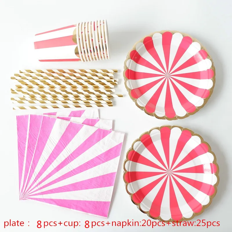 Gold Blocking Blue Striped Disposable Tableware Set Paper Plates Cups