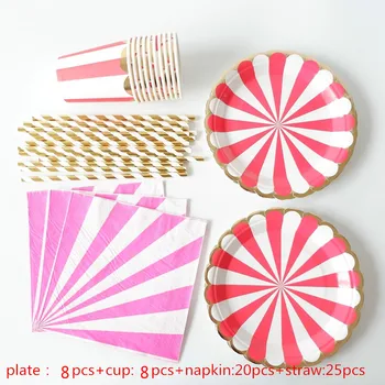 

Gold Blocking Blue Striped Disposable Tableware Set Paper Plates Cups Straws Party Wedding Carnival Tableware Supplies