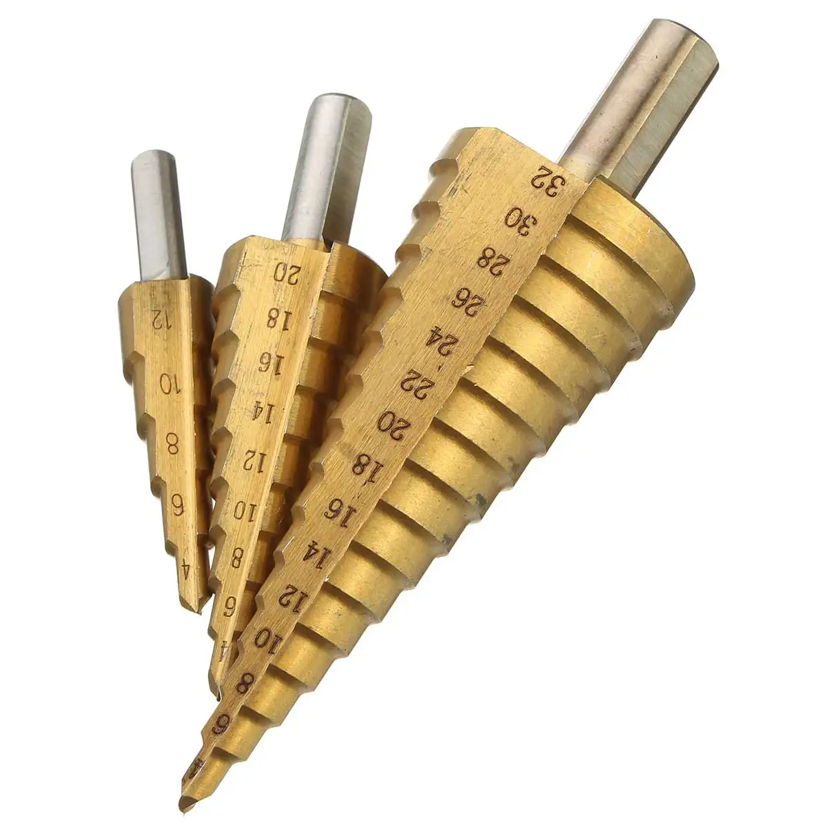 

Doersupp 3Pcs/set HSS Steel Large Step Drill Bit Set 4-12/20/32mm Cone Titanium Coated Metal Drilling Cut Tool Hole Cutter