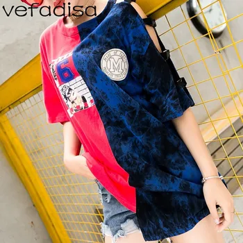 

Vefadisa 2020 Pattern Print T-Shirt Women Red Blue Patchwork Irregular T-Shirt Girls Short Sleeve T-Shirt Round Neck Tops ZLD500
