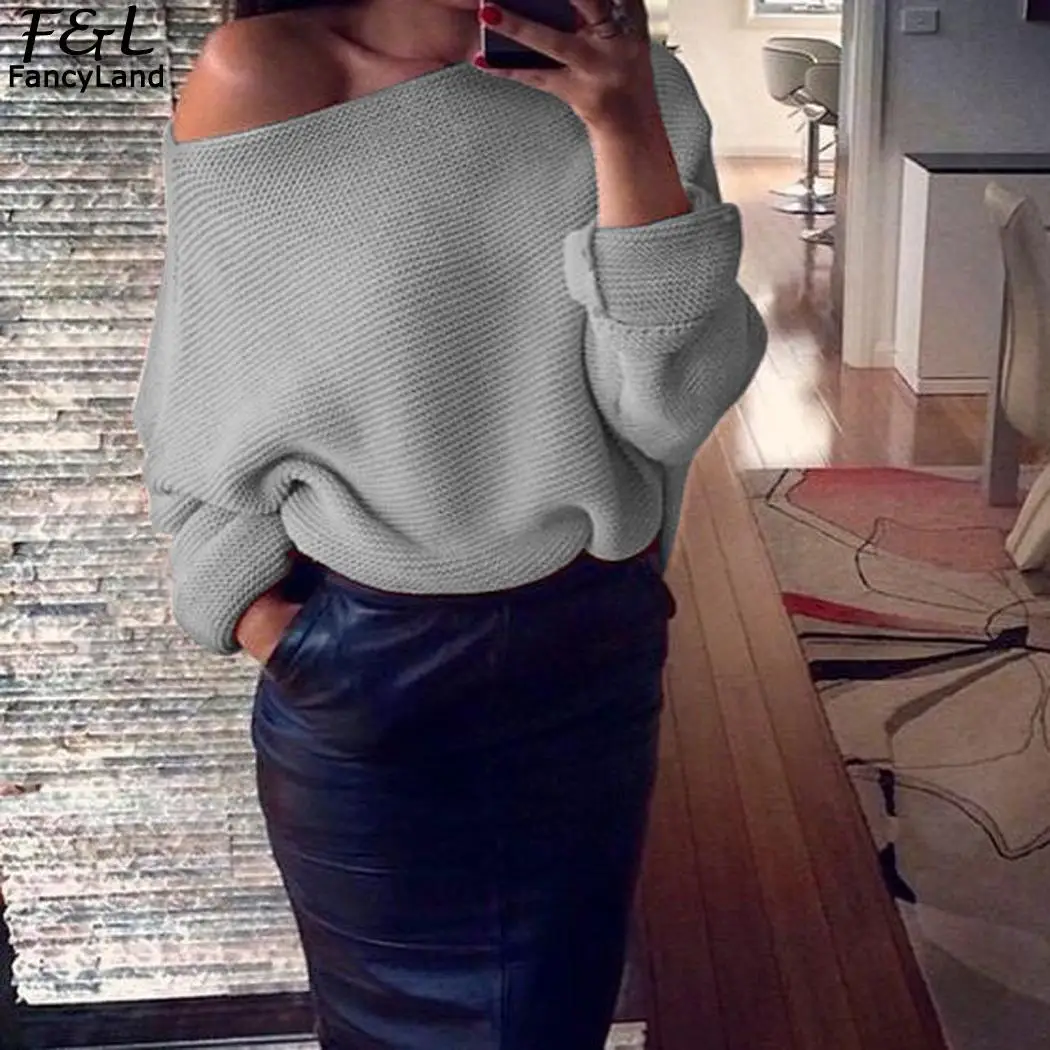 Sweater Long Shoulder basic Strapless Winter Loose Fashion Sweater
Slash-Neck Sleeve Casual Women Off Sweater Women