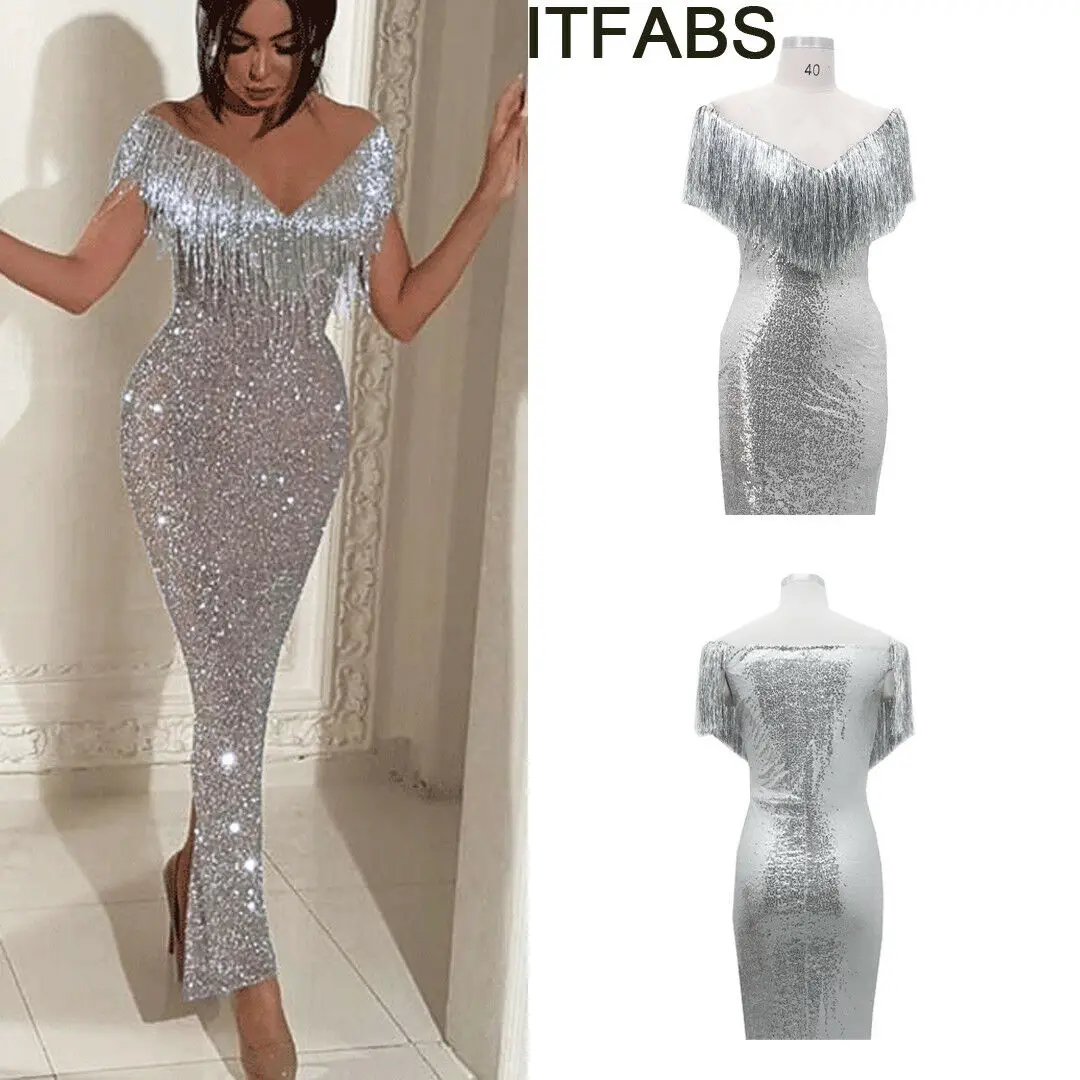

V Neck Autumn Silver Sequined Sexy Dress Women Off Shoulder Ankle Dress Slim High Waist 2019 Party Club Strap Dresses Vestidos