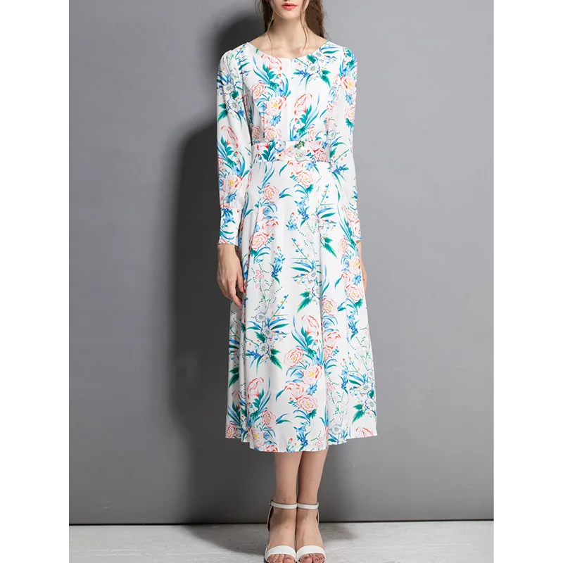 ladies desses going out fresh print elegant women's clothing dresses round neck long sleeve a line womens midi dress free ship