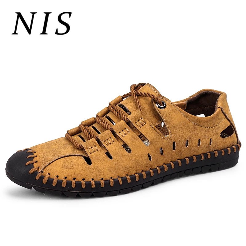 

NIS Big Size 39-46 Hollow Out Summer Men Flat Shoes Microfiber Leather Casual Shoes Men Breathable Lace-up Outdoor Beach Flats