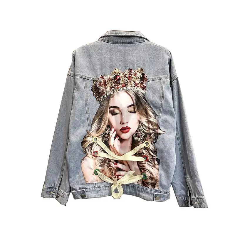 

2019 The new beauty printing nail bead jean jacket coat joker lace-up fashion cowboy jeans ladies casual