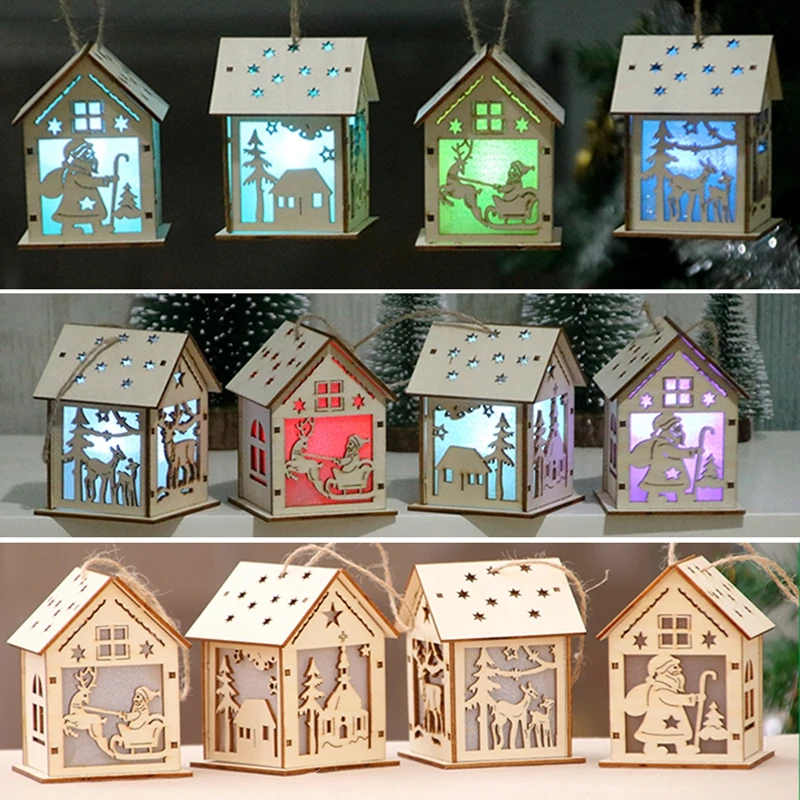 

New Fashion Christmas Festival Decoration Christmas Tree Hanging Ornaments Led Light Wood House Holiday Decor Xmas Gift