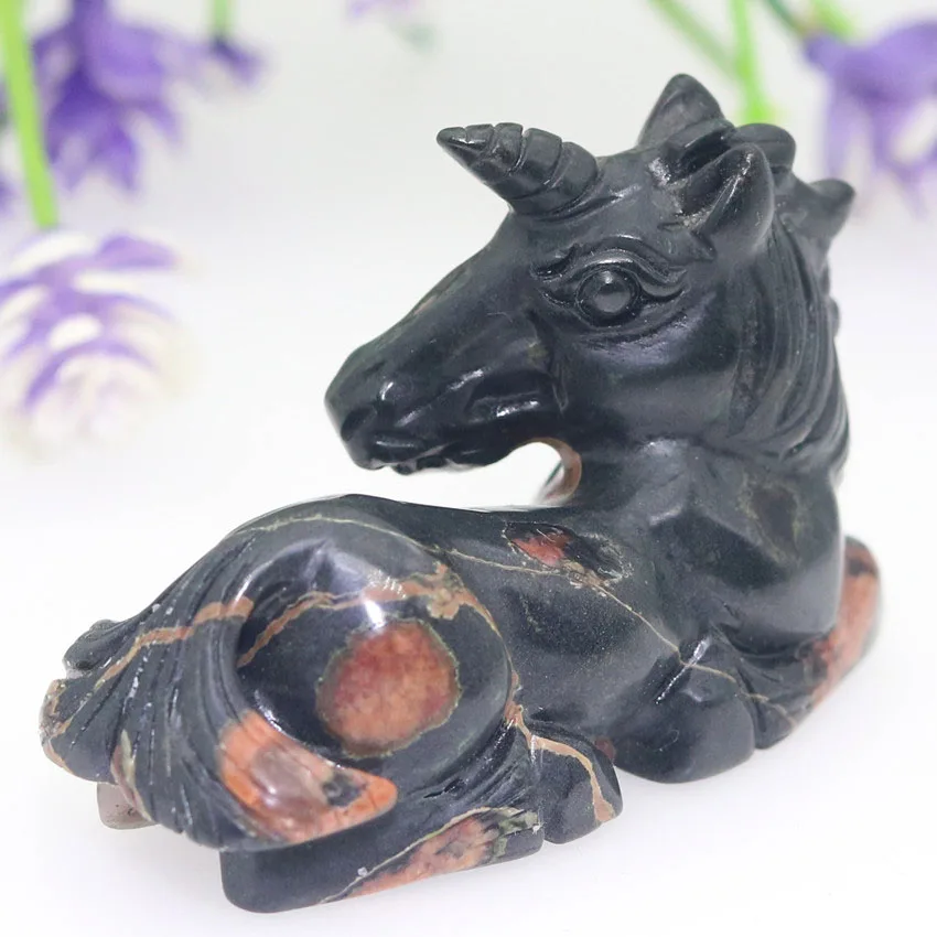 

2.44"PLUM BLOSSOM JASPER Handmade Carved Crystal Unicorn Skull Crystal Realistic Healing Furnishing Articles Figurine TE48