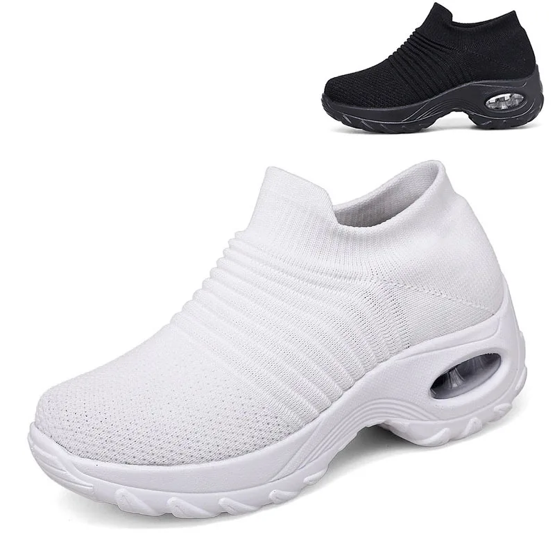 

SWONCO Sock Shoes Women Platform Sneakers White/black 2019 Autumn New Female Casual Shoes Wedge Swing Shoes Loose Weight Sneaker