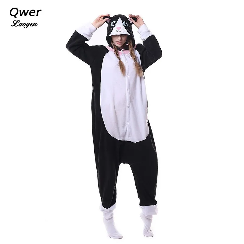 

Adult Men Women Anime Black Cat with White Face Pajamas Autumn and Winter Onesie Fleece Sleepwear Costume for Unisex