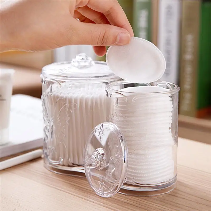 

Transparent Cosmetic Brushes Storage Box Acrylic Round Swab Dispenser Container Cosmetic Organizer With 2 Compartments And Lids