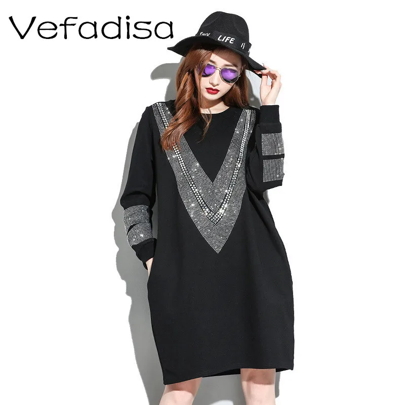 

Vefadisa Spring And Autumn Women Black Pullovers Drilling Pattern Long Sleeve Printing Loose Personality Women T-shirt QFM036