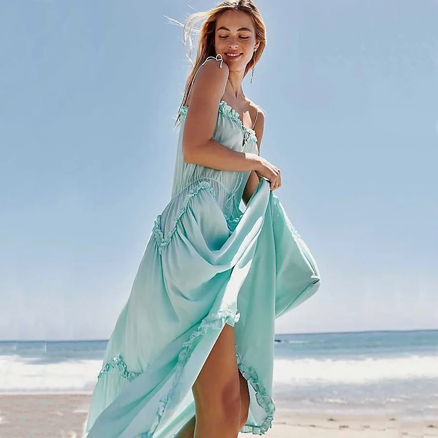 

DEAT 2019 Summer Bohemian Sexy V Neck Spaghetti Strap High Waist Backless Light Blue Long Chiffon Beach Maxi Dress Women MD348