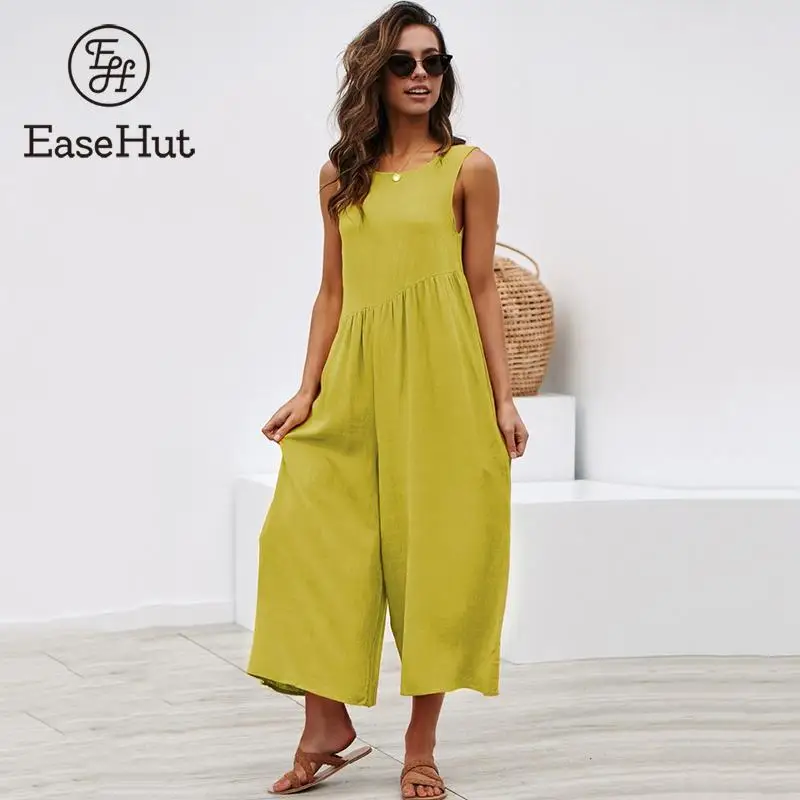 

EaseHut New Casual Jumpsuit Sleeveless Cutout Back O-Neck Solid Loose Wide Leg Pants Vintage Ruched Playsuit Rompers Beachwear