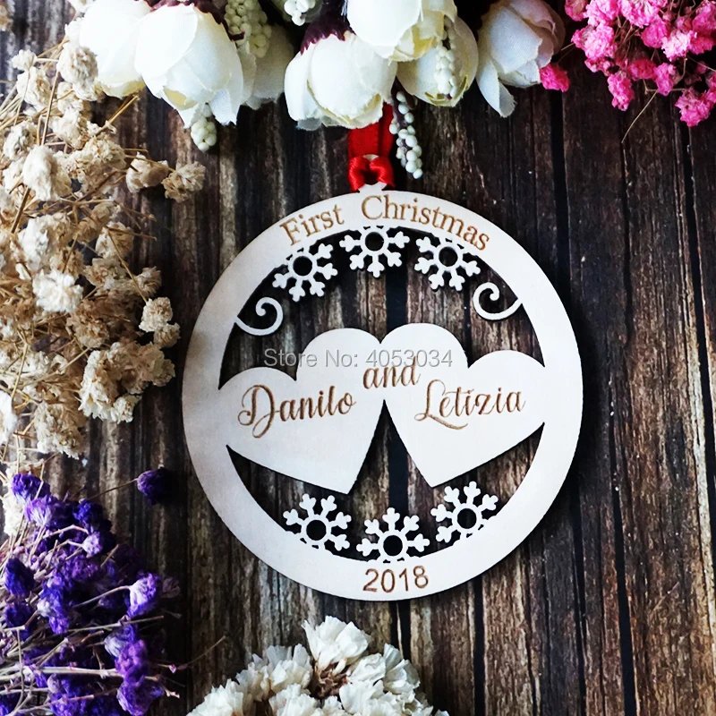 

Custom Couple Name Wooden First Christmas Ball Bauble Tree Ornaments Hanging Year Wedding Decorations