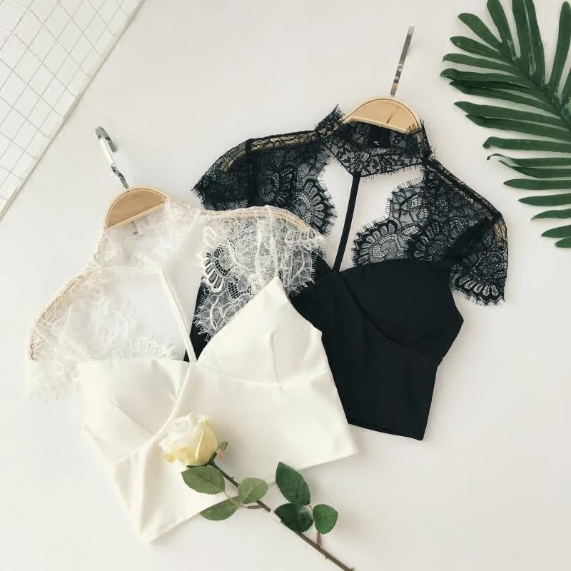 

2019 spring nightclub sexy hanging lace sling female short-sleeved deep V-neck short paragraph navel vest lace shirt shirt women