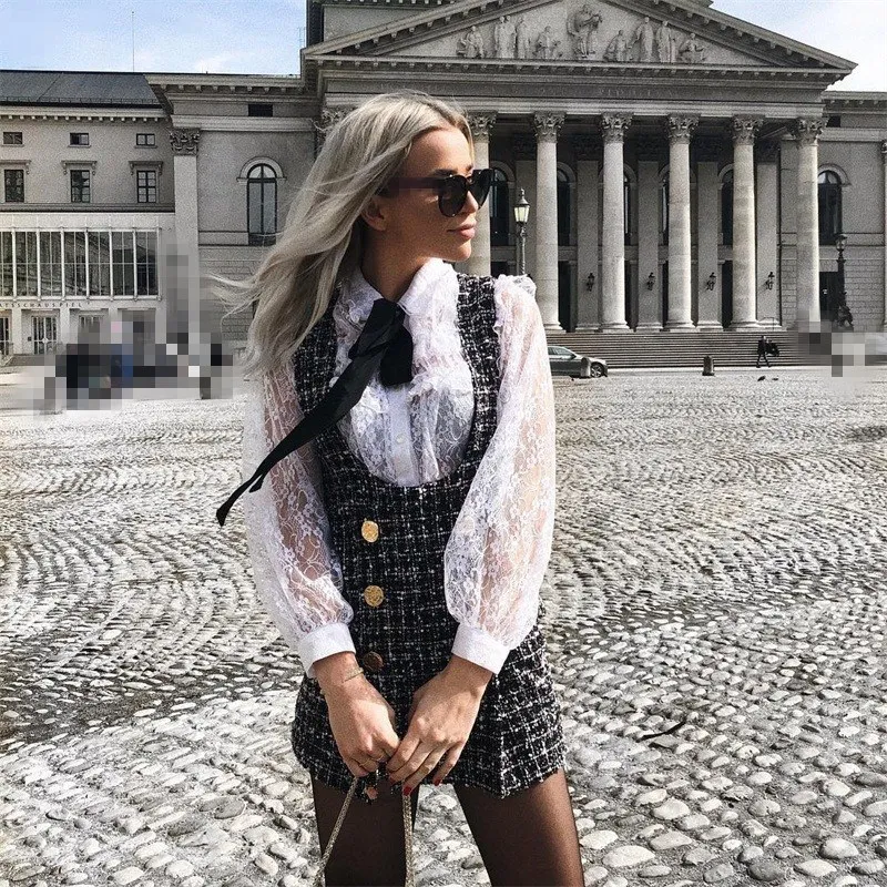 

Spring Sleeveless 2 Piece Set Dress Long Women Bow Shirt Lace Top Plaid Tweed Vest Dress Ruffles Sets Double Breasted Suit