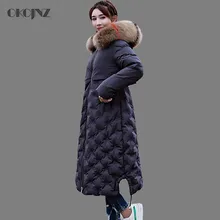 Зимняя куртка из меха енота, женская пуховая парка, Женское пальто с гусиным пером, Толстая теплая длинная приталенная верхняя одежда с капюшоном,, корейский стиль, Okq036