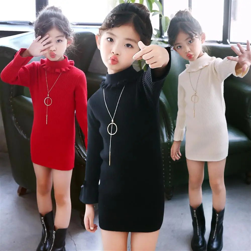 Turtleneck Girls Sweater Dress 2019 New Winter Spring Kids Knitted ...