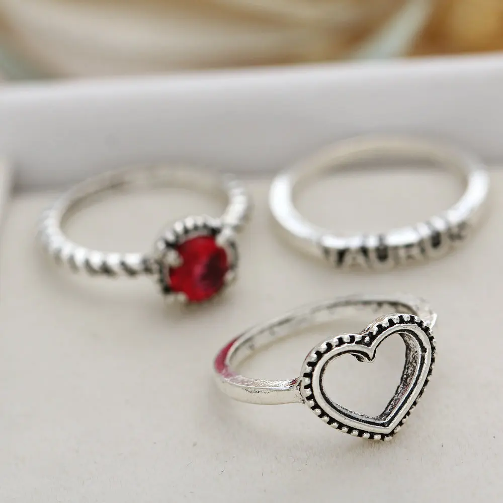 ZIIME 3PCS/Set Simple Design Letter Heart Crystal Stone Knuckle Ring Set For Ladies Antique Silver Rings Jewelry Anillo Boho