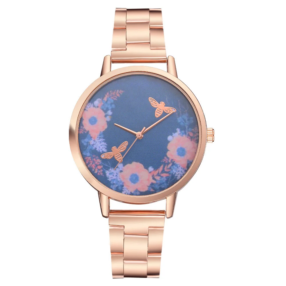 

2019 Fashion Printed Flower Clock Women Gift Women Watches Quartz New Fashion Watch Stainless Steel Strap Watch