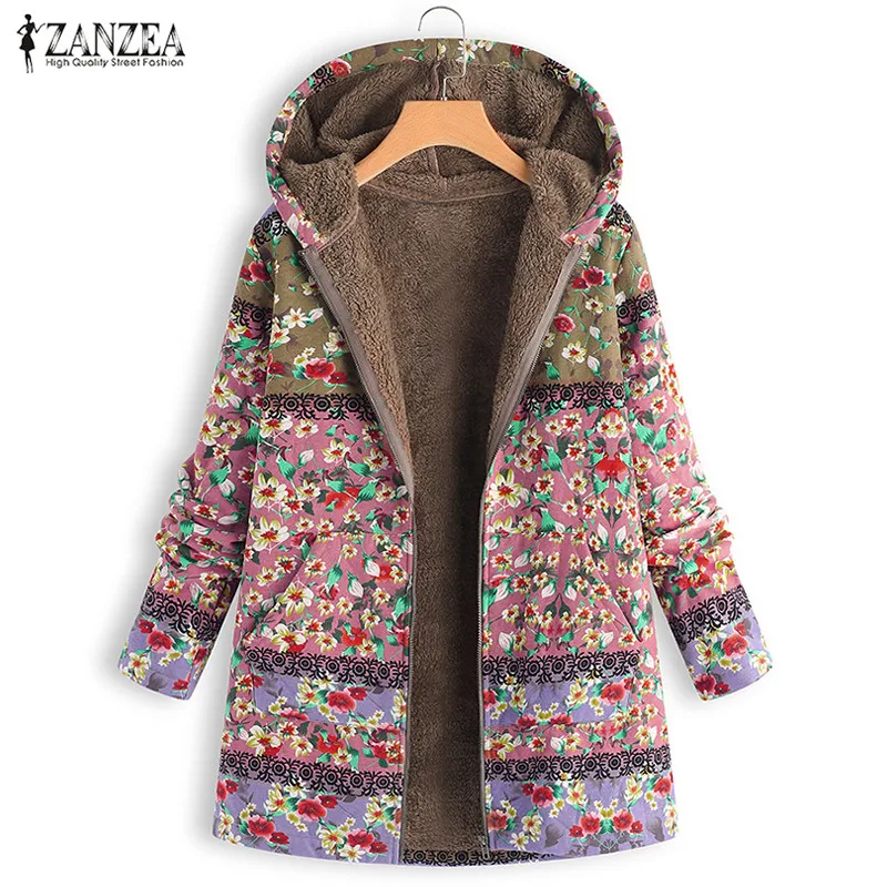 ZANZEA зимние женские толстовки Плюшевые Пушистые Пальто повседневные куртки с длинным рукавом и цветочным принтом с капюшоном из искусственного меха Флисовая теплая верхняя одежда